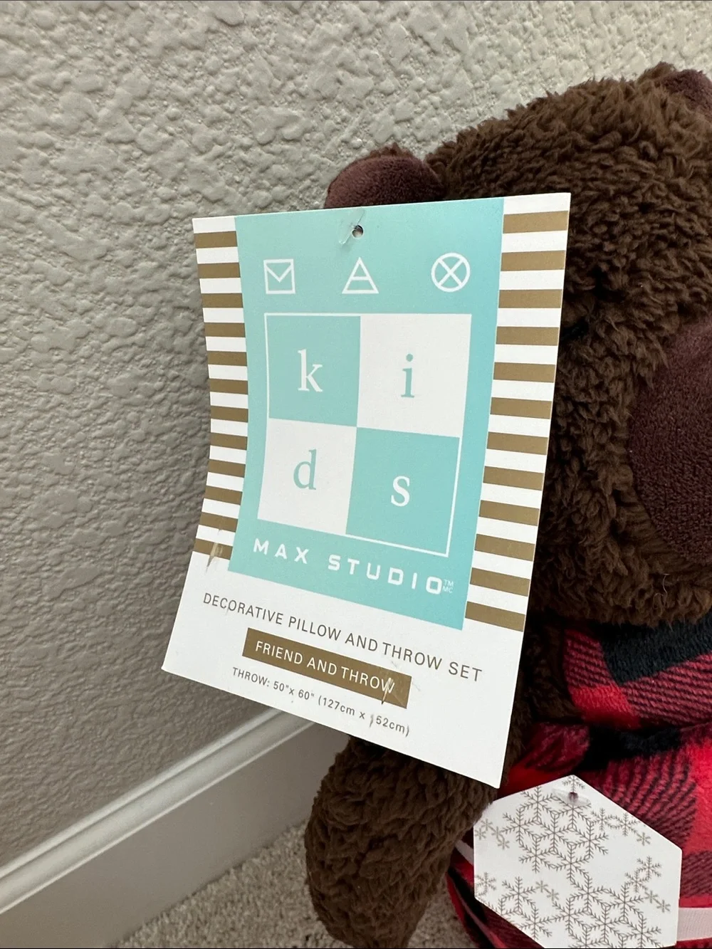 NWT Brown Bear Plush with Red and Black Buffalo Plaid Throw